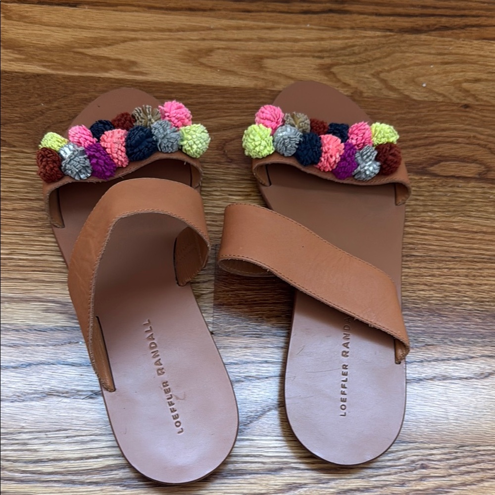 Loeffler Randall Tan Slide Sandals with Playful Pom Poms